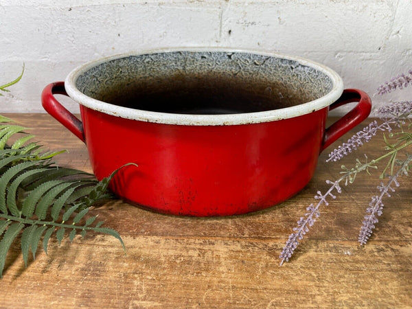 Vintage French European Enamel Wash Bowl Cooking Pot Tub Garden Herb Planter