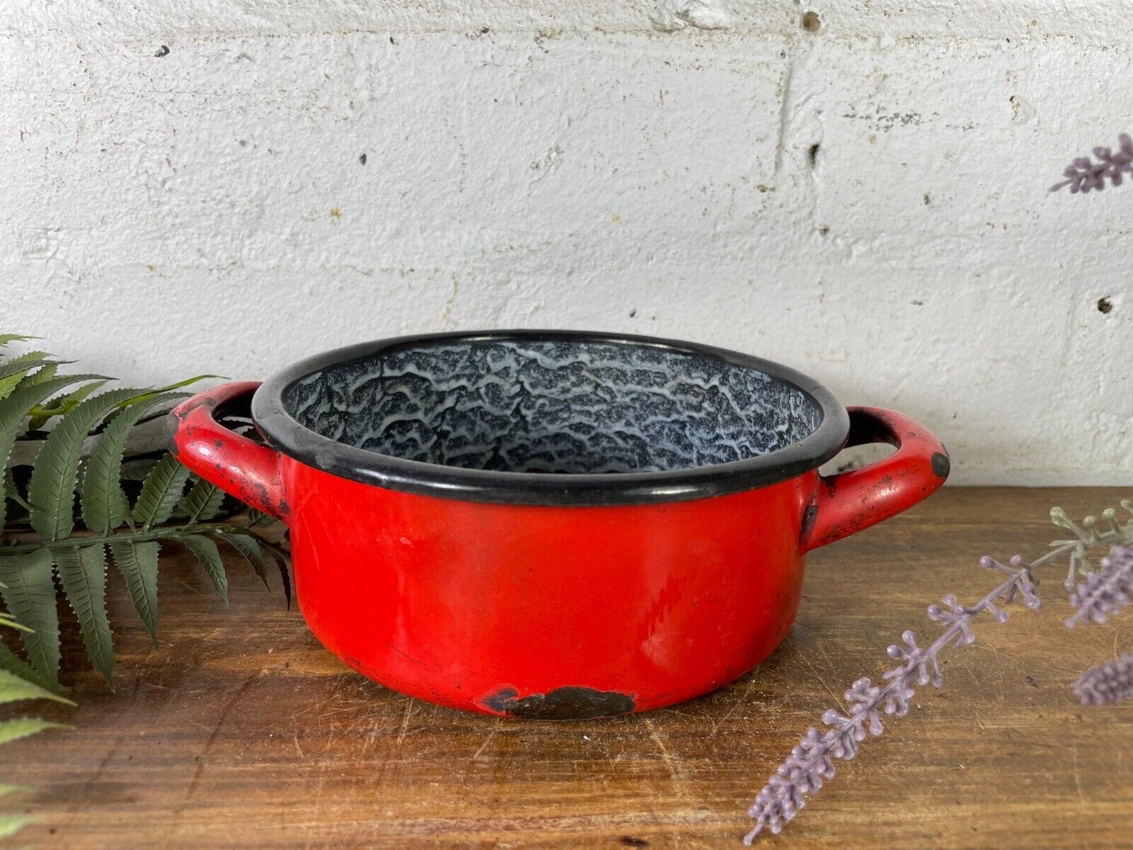 Vintage French European Enamel Wash Bowl Cooking Pot Tub Garden Herb Planter