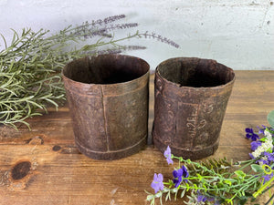 Set 2 Antique 19th Century Riveted Iron Measuring Grain Pot Herb Planter Trinket