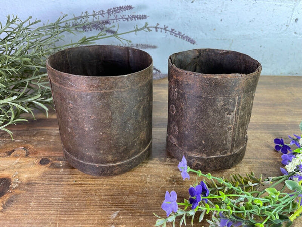 Set 2 Antique 19th Century Riveted Iron Measuring Grain Pot Herb Planter Trinket