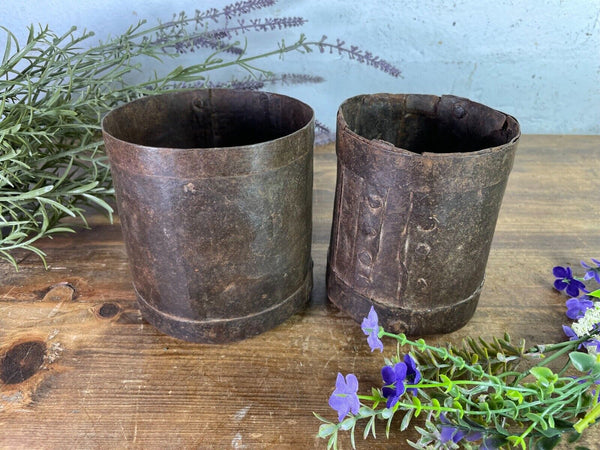 Set 2 Antique 19th Century Riveted Iron Measuring Grain Pot Herb Planter Trinket