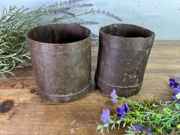 Set 2 Antique 19th Century Riveted Iron Measuring Grain Pot Herb Planter Trinket