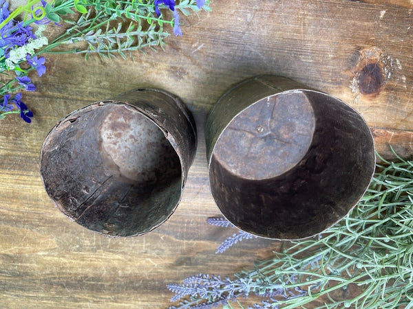 Set 2 Antique 19th Century Riveted Iron Measuring Grain Pot Herb Planter Trinket