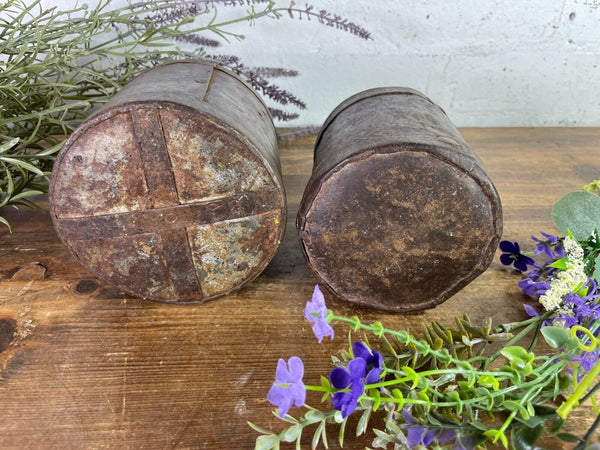 Set 2 Antique 19th Century Riveted Iron Measuring Grain Pot Herb Planter Trinket