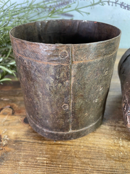 Set 2 Antique 19th Century Riveted Iron Measuring Grain Pot Herb Planter Trinket