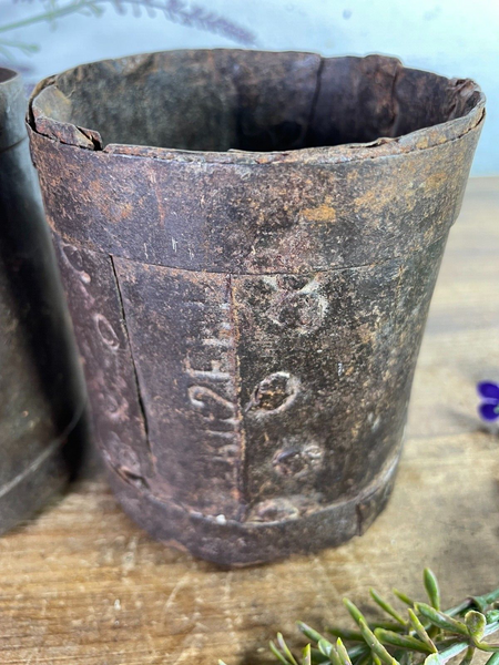 Set 2 Antique 19th Century Riveted Iron Measuring Grain Pot Herb Planter Trinket