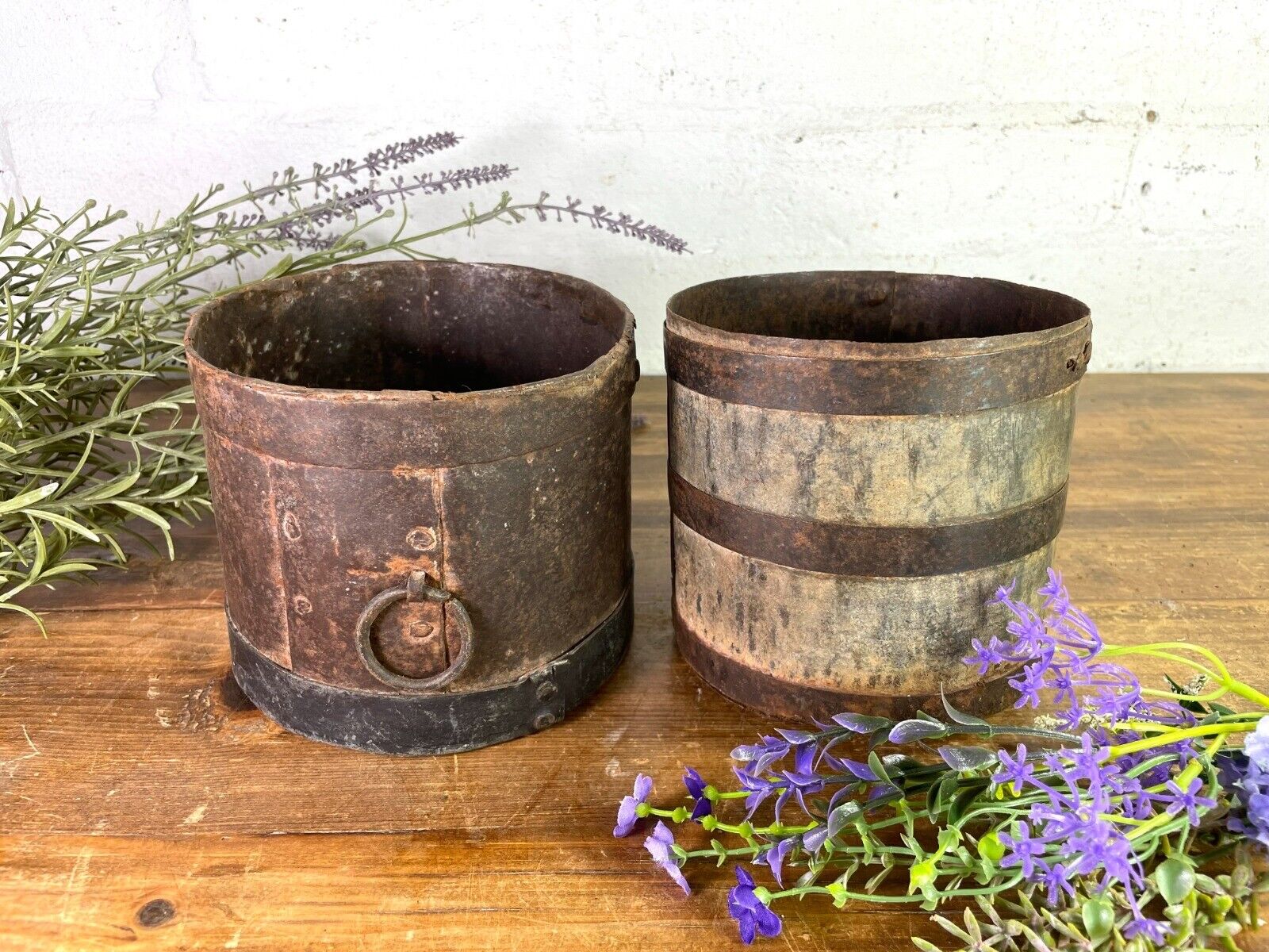 Set 2 Antique 19th Century Riveted Iron Measuring Grain Pot Herb Planter Trinket
