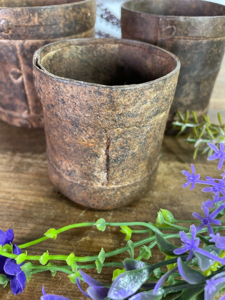 Set 3 Antique 19th Century Riveted Iron Measuring Grain Pot Herb Planter Trinket