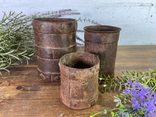 Set 3 Antique 19th Century Riveted Iron Measuring Grain Pot Herb Planter Trinket