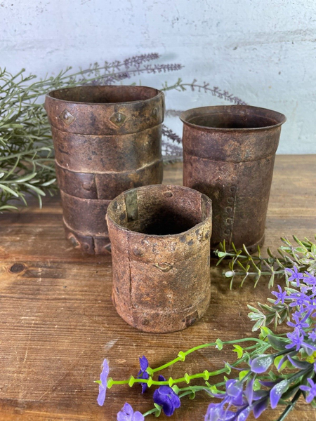 Set 3 Antique 19th Century Riveted Iron Measuring Grain Pot Herb Planter Trinket