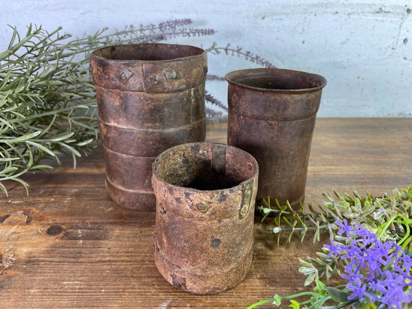 Set 3 Antique 19th Century Riveted Iron Measuring Grain Pot Herb Planter Trinket