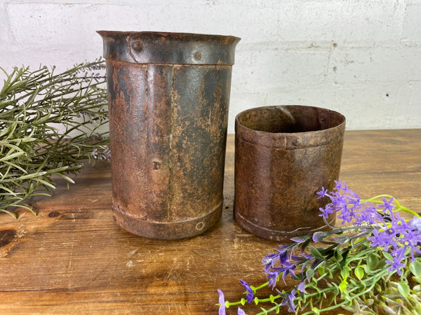 Set 2 Antique 19th Century Riveted Iron Measuring Grain Pot Herb Planter Trinket