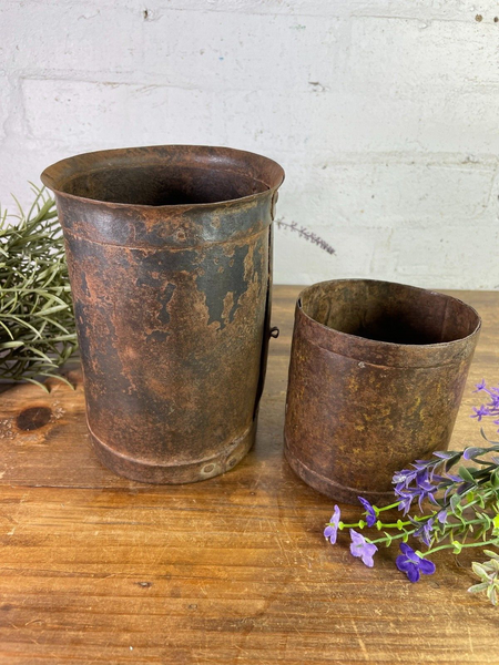 Set 2 Antique 19th Century Riveted Iron Measuring Grain Pot Herb Planter Trinket