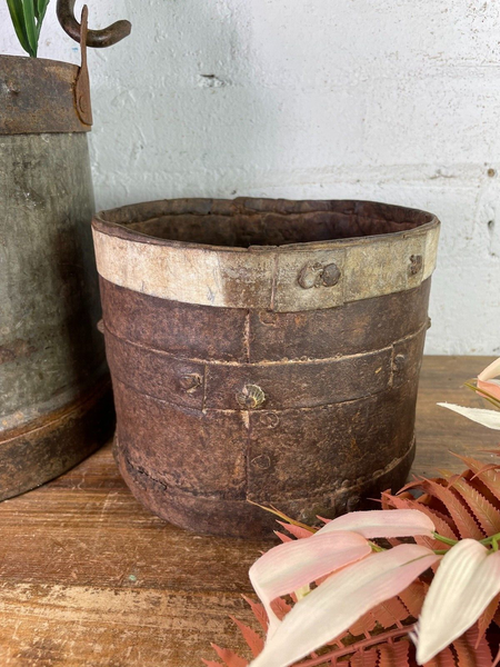 Antique 19th Century Riveted Iron Measuring Grain Pot Herb Planter Trinket Pot