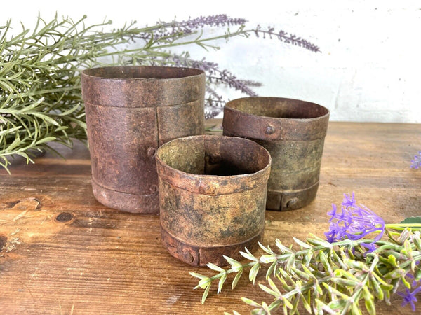 Set 3 Antique 19th Century Riveted Iron Measuring Grain Pot Herb Planter Trinket