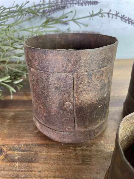Set 3 Antique 19th Century Riveted Iron Measuring Grain Pot Herb Planter Trinket