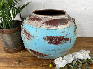 Vintage Reclaimed Rustic Hand Made Blue Riveted Iron Ball Garden Planter