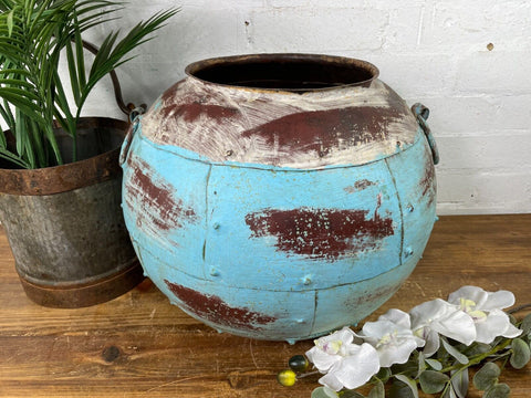 Vintage Reclaimed Rustic Hand Made Blue Riveted Iron Ball Garden Planter