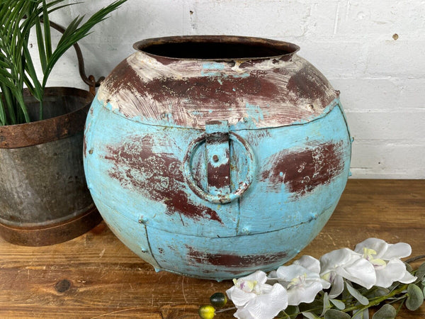 Vintage Reclaimed Rustic Hand Made Blue Riveted Iron Ball Garden Planter