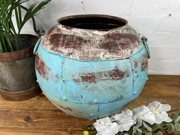 Vintage Reclaimed Rustic Hand Made Blue Riveted Iron Ball Garden Planter