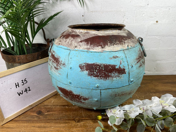 Vintage Reclaimed Rustic Hand Made Blue Riveted Iron Ball Garden Planter