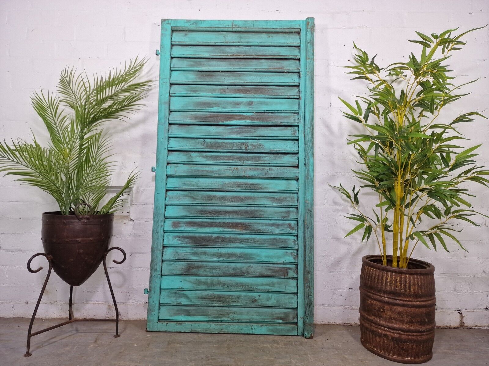 Vintage Antique Single Green Blue French European Wooden Window Louvered Shutter