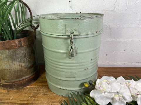 Vintage Indian Industrial Galvanised Metal Rice Grain Storage Drum Bin Cannister