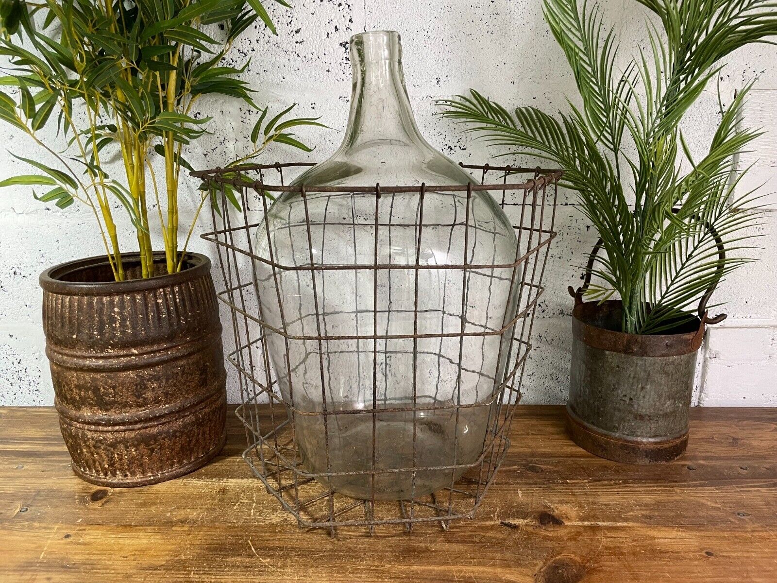 Antique Vintage Large French Hand Blown Glass Demijohn Carboy Cage Wedding Prop