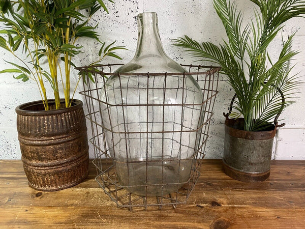 Antique Vintage Large French Hand Blown Glass Demijohn Carboy Cage Wedding Prop