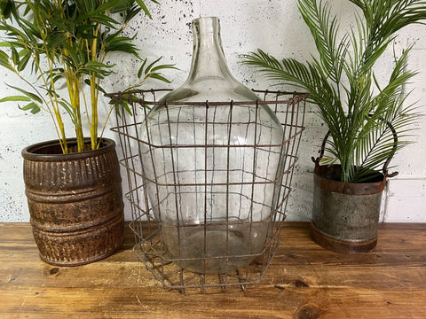Antique Vintage Large French Hand Blown Glass Demijohn Carboy Cage Wedding Prop