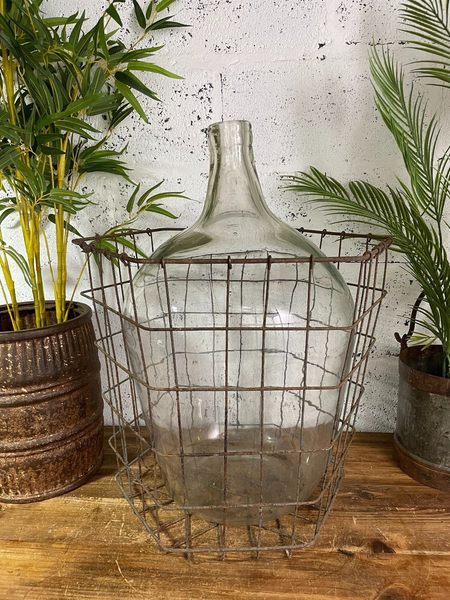 Antique Vintage Large French Hand Blown Glass Demijohn Carboy Cage Wedding Prop