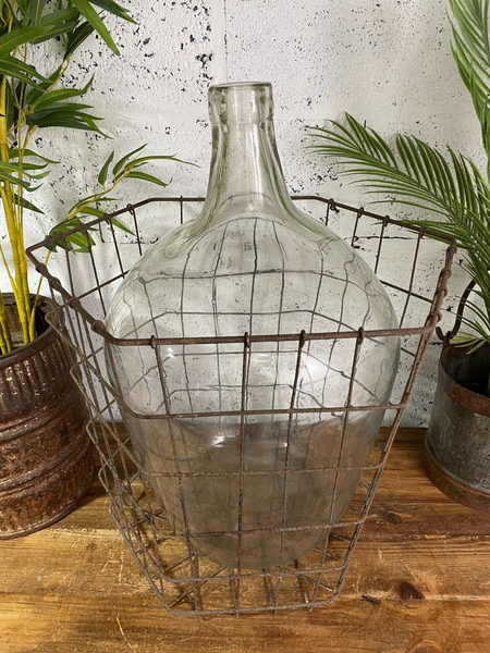Antique Vintage Large French Hand Blown Glass Demijohn Carboy Cage Wedding Prop