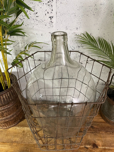 Antique Vintage Large French Hand Blown Glass Demijohn Carboy Cage Wedding Prop