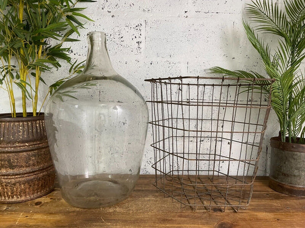 Antique Vintage Large French Hand Blown Glass Demijohn Carboy Cage Wedding Prop
