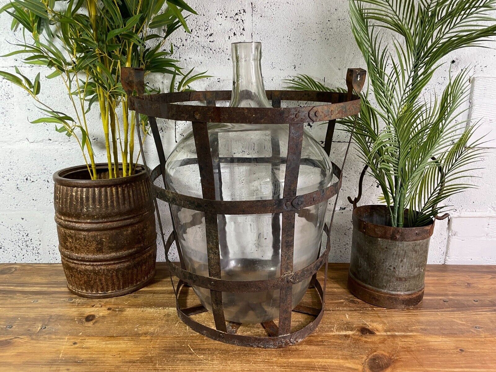 Antique Vintage Large French Hand Blown Glass Demijohn Carboy Cage Wedding Prop