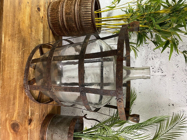 Antique Vintage Large French Hand Blown Glass Demijohn Carboy Cage Wedding Prop