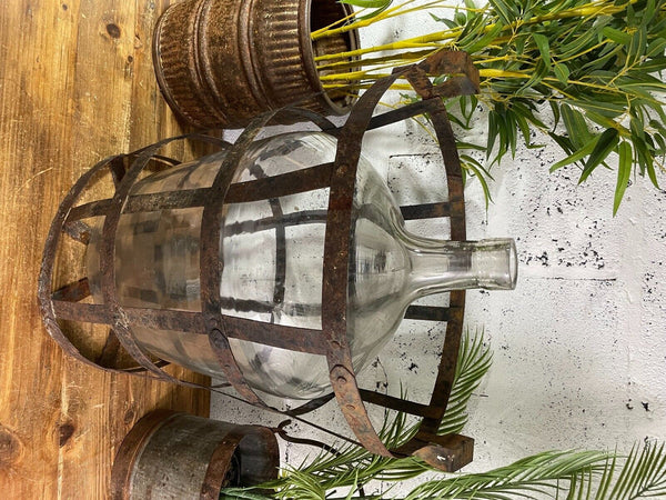 Antique Vintage Large French Hand Blown Glass Demijohn Carboy Cage Wedding Prop