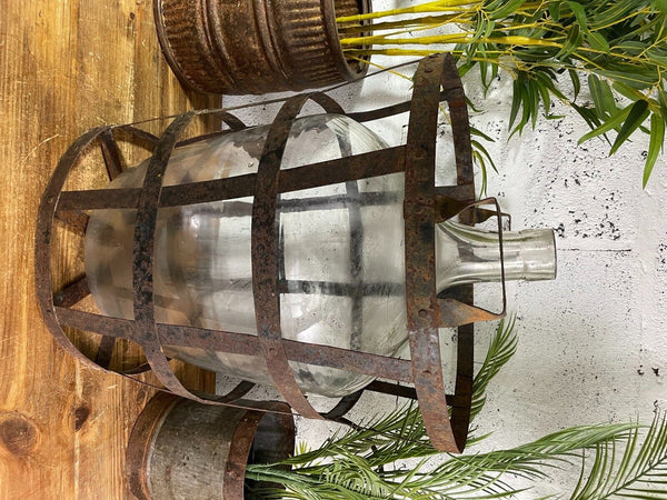 Antique Vintage Large French Hand Blown Glass Demijohn Carboy Cage Wedding Prop