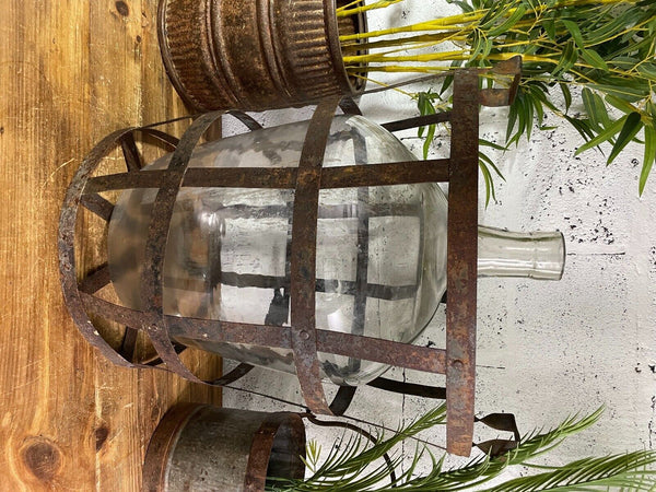Antique Vintage Large French Hand Blown Glass Demijohn Carboy Cage Wedding Prop