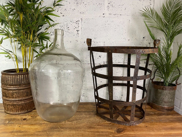 Antique Vintage Large French Hand Blown Glass Demijohn Carboy Cage Wedding Prop