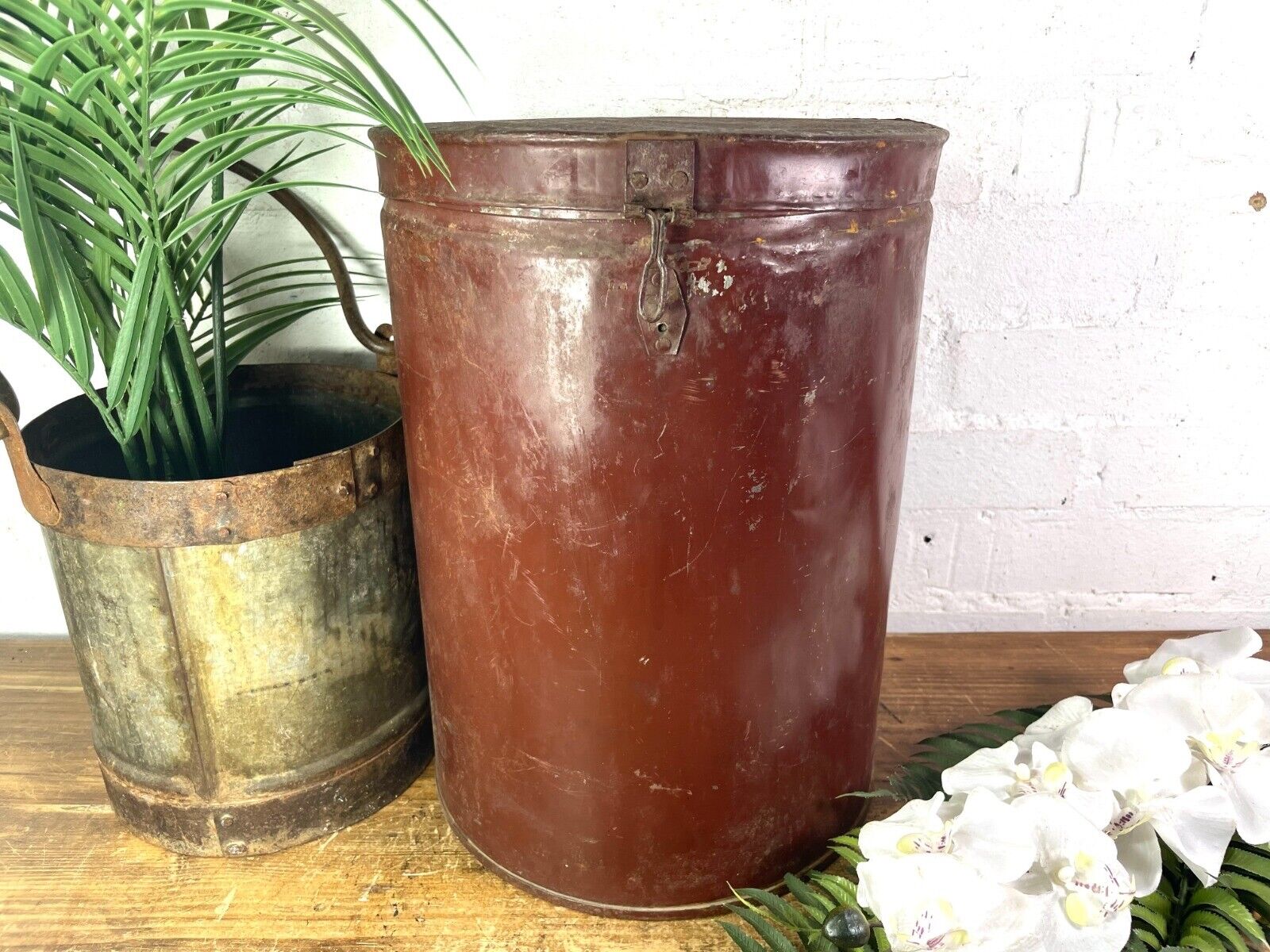 Vintage Indian Industrial Galvanised Metal Rice Grain Storage Drum Bin Cannister