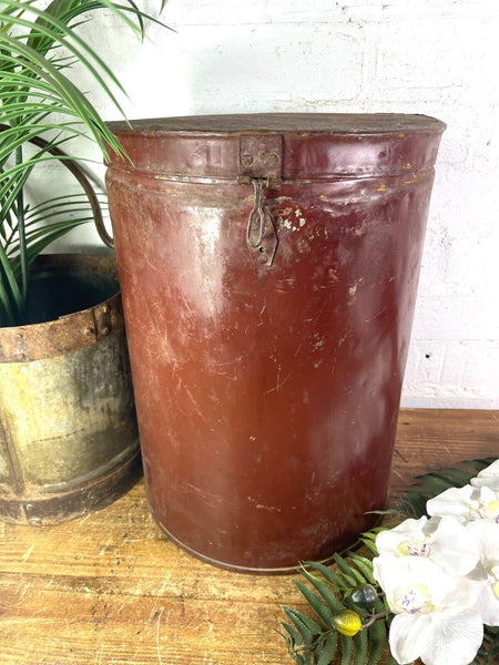 Vintage Indian Industrial Galvanised Metal Rice Grain Storage Drum Bin Cannister