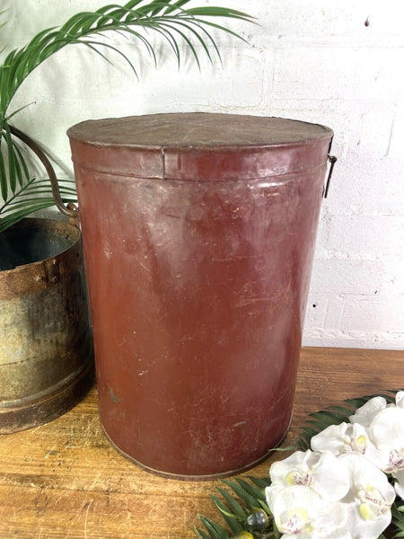 Vintage Indian Industrial Galvanised Metal Rice Grain Storage Drum Bin Cannister