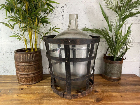 Antique Vintage Large French Hand Blown Glass Demijohn Carboy Cage Wedding Prop
