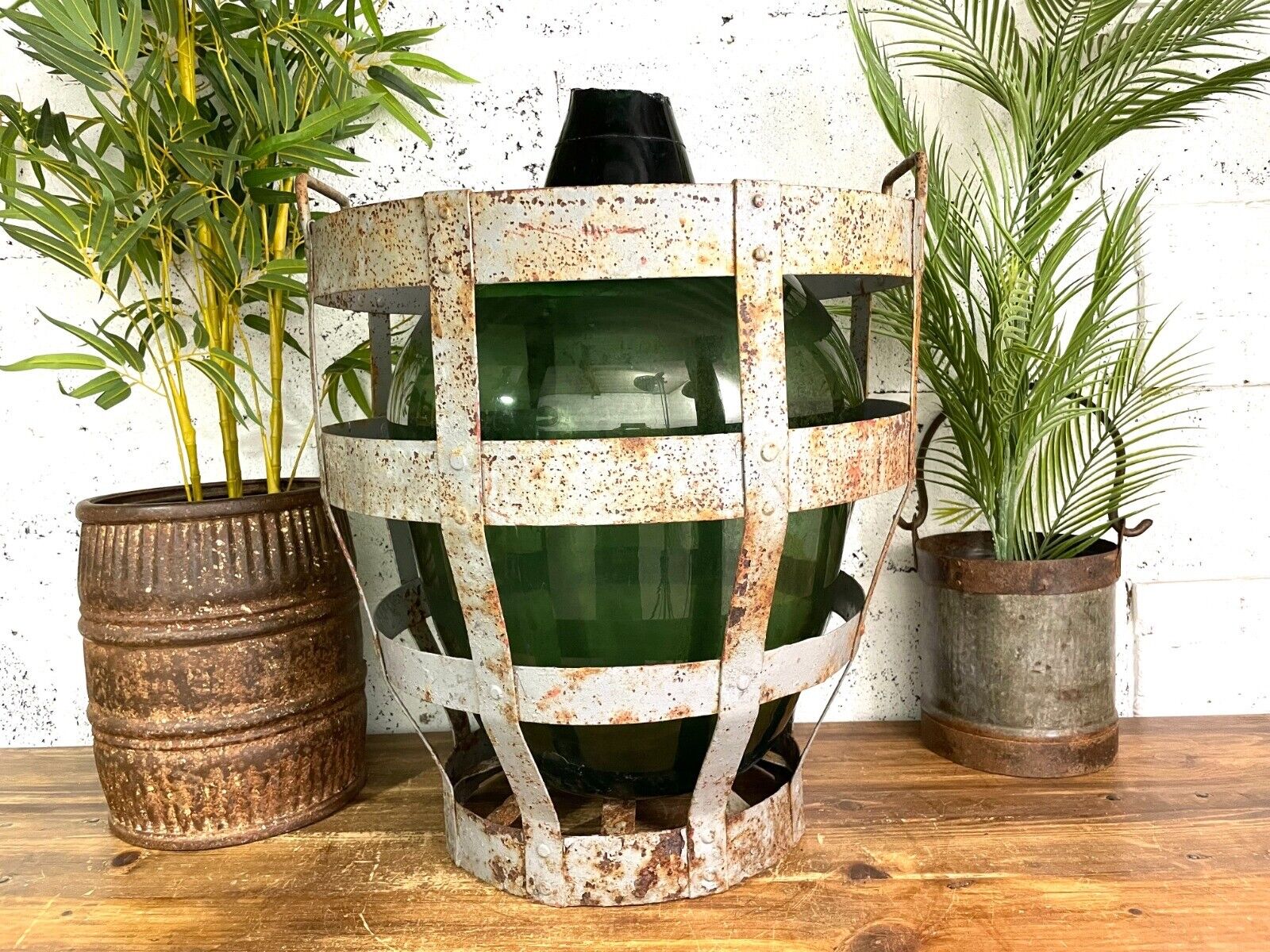 Antique Vintage Large French Hand Blown Glass Demijohn Carboy Cage Wedding Prop