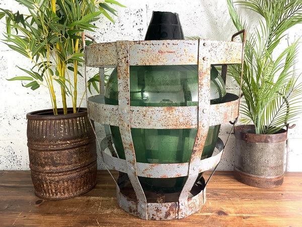 Antique Vintage Large French Hand Blown Glass Demijohn Carboy Cage Wedding Prop