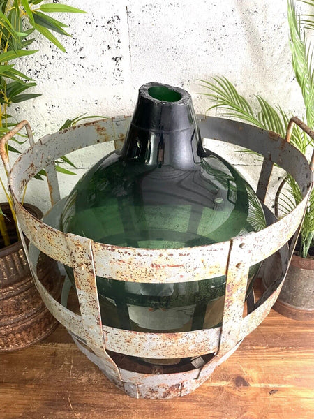 Antique Vintage Large French Hand Blown Glass Demijohn Carboy Cage Wedding Prop