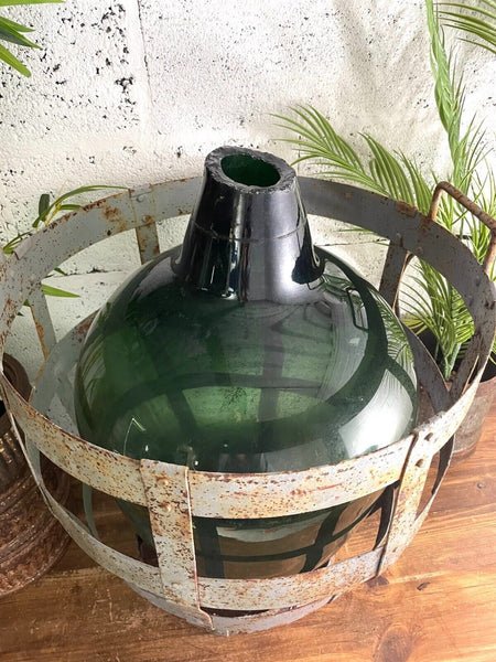 Antique Vintage Large French Hand Blown Glass Demijohn Carboy Cage Wedding Prop