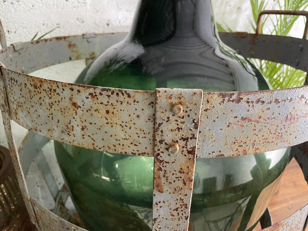Antique Vintage Large French Hand Blown Glass Demijohn Carboy Cage Wedding Prop