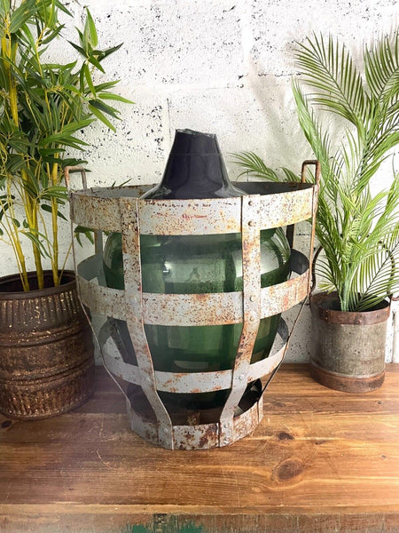 Antique Vintage Large French Hand Blown Glass Demijohn Carboy Cage Wedding Prop